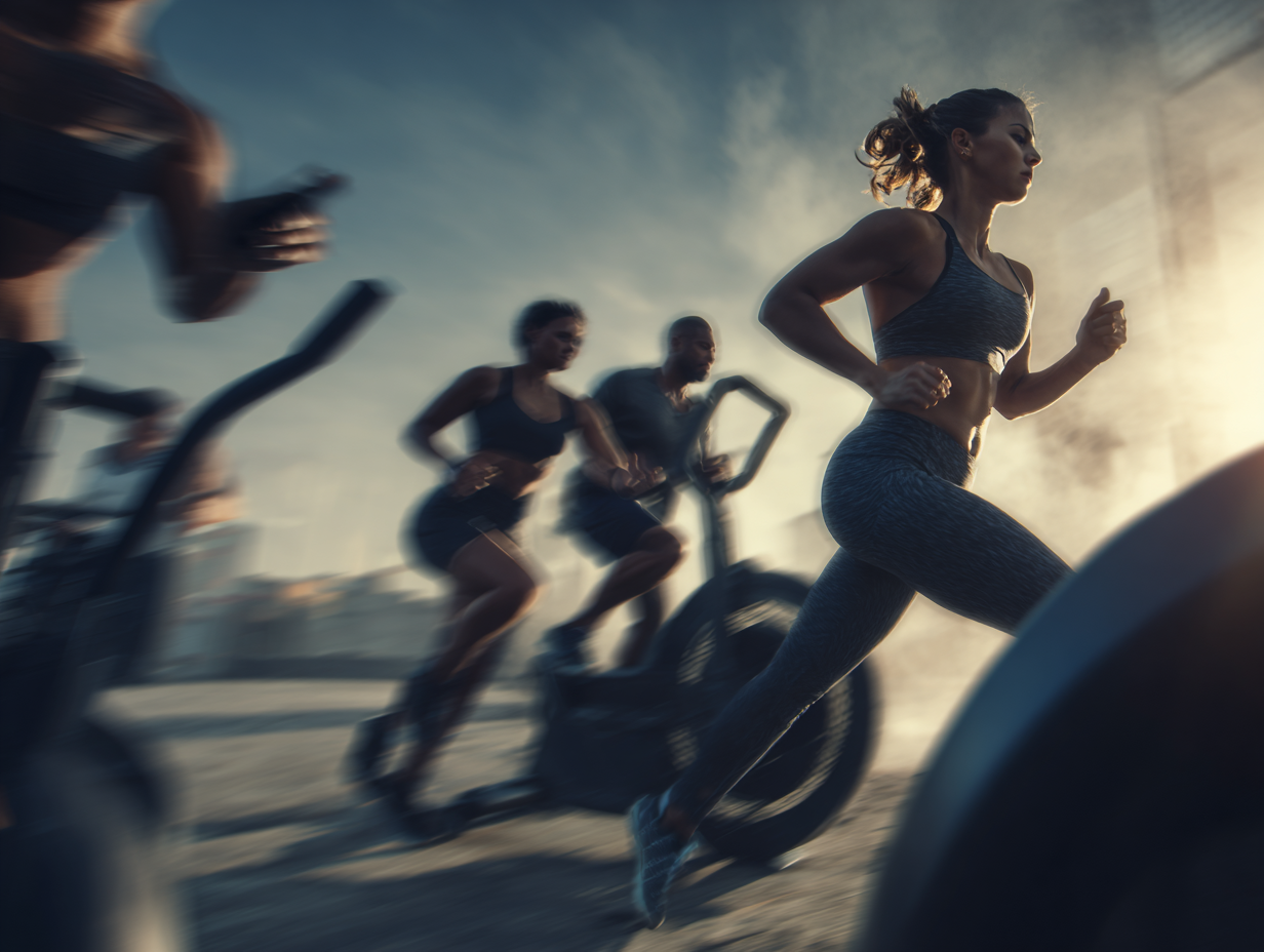 Група людей виконує кардіо-вправи у сучасному фітнес-залі з професійним інструктором